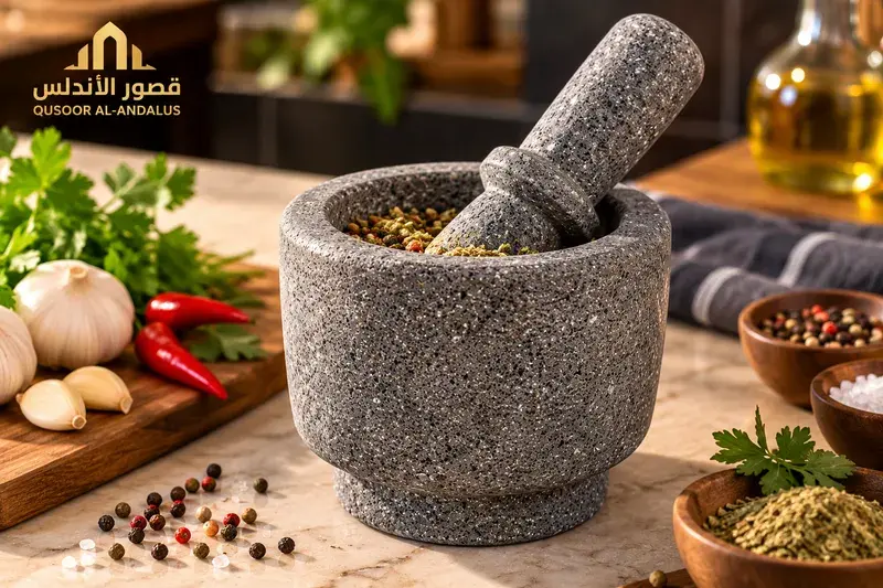 هاون ومدقة من حجر البازلت الطبيعي 