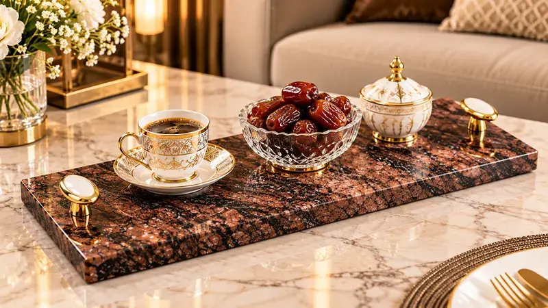 صينية تقديم من الرخام الطبيعي الفاخر بمقابض ذهبية 