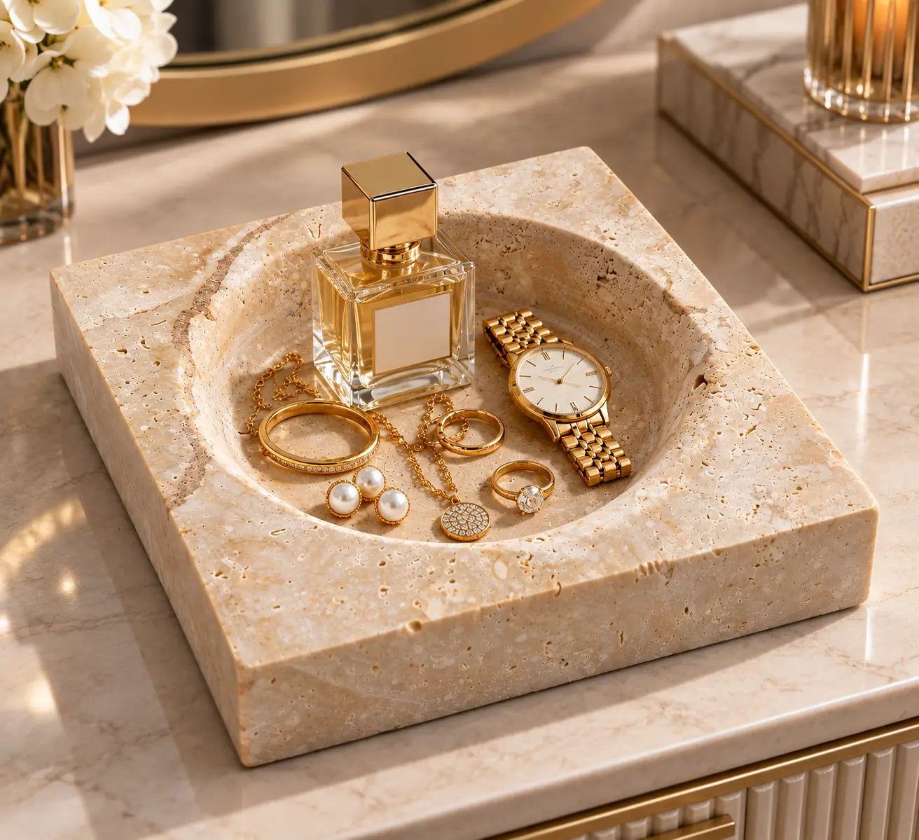 صحن مجوهرات وعطور من الحجر الطبيعي