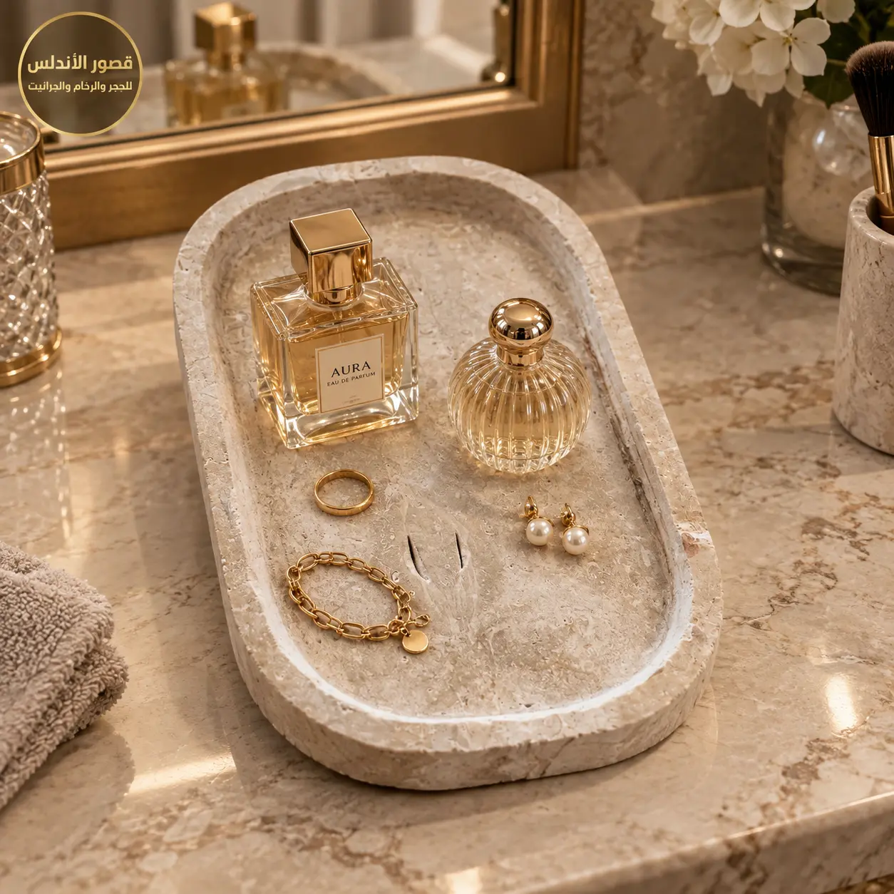 صحن مجوهرات وعطور من الحجر الطبيعي