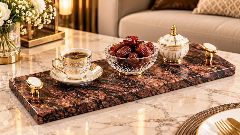 صينية تقديم من الرخام الطبيعي الفاخر بمقابض ذهبية 